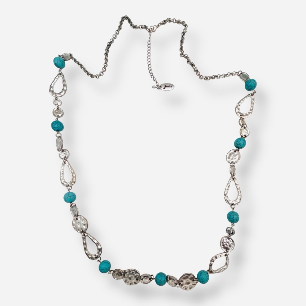 Jules Hammered Silver Plated Long Strand Necklace‎ Turquoise Blue Beaded